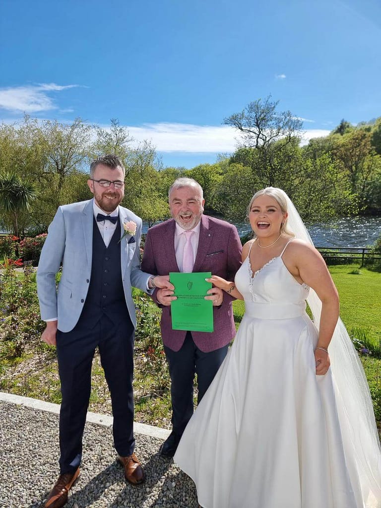 Katie and Andrew all smiles at Inishannon House Hotel after wedding with Brian Twomey solemniser and celebrant